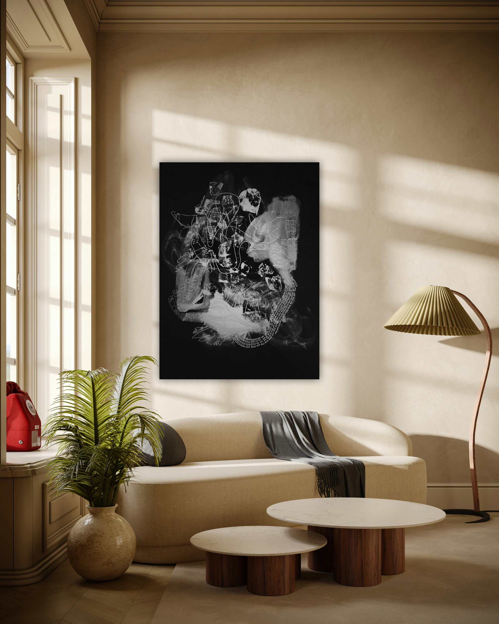 Schwarz-Weiß Kunstdruck "mindest in motion 02" auf Alu-Dibond
